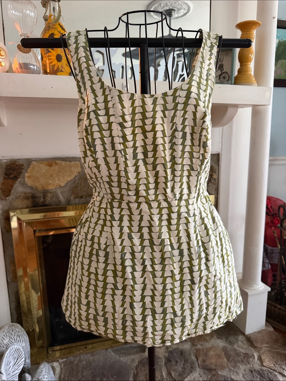 Japna Olive Green and White Patterned Tank Top